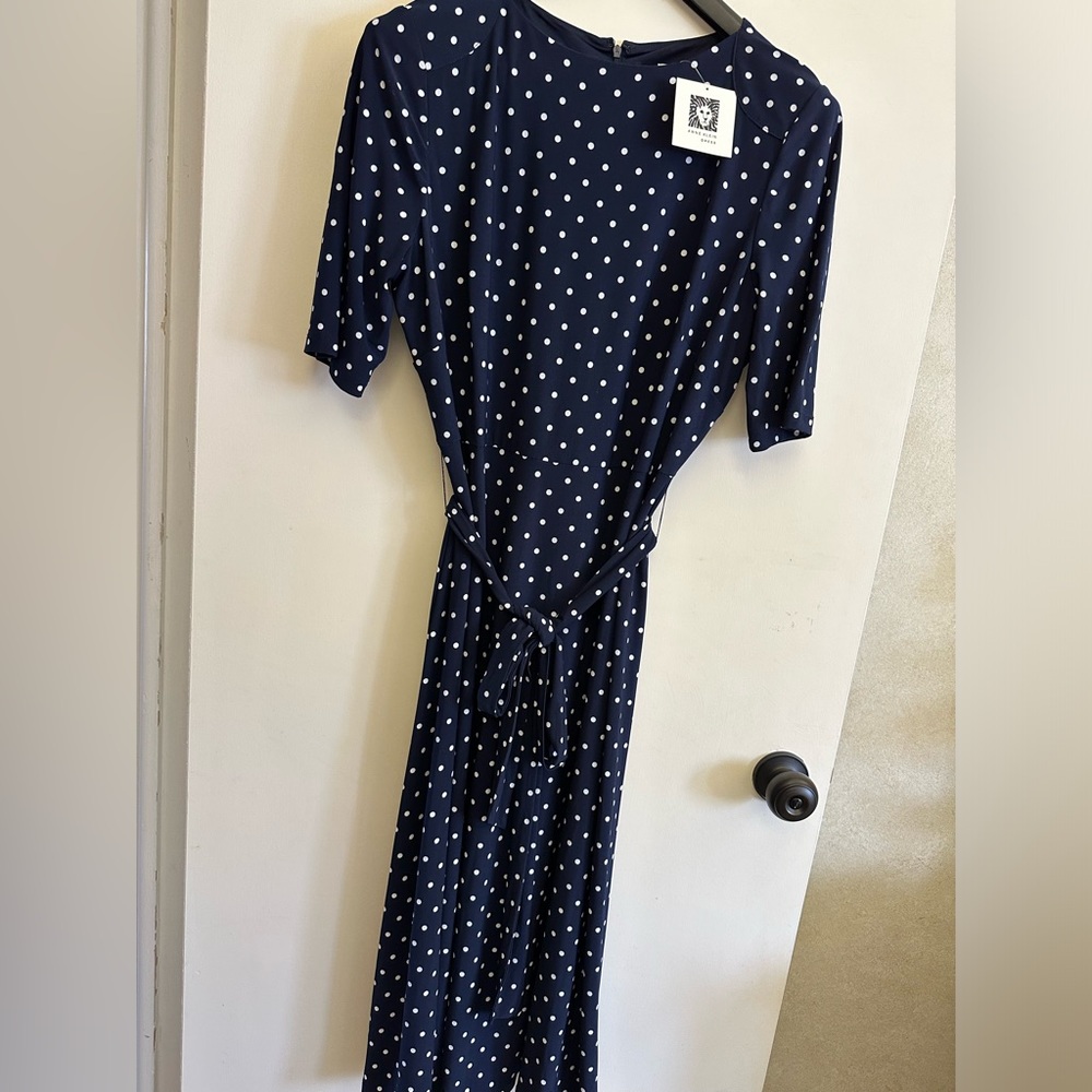 Anne Klein navy blue & white polka dot dress with tie sash